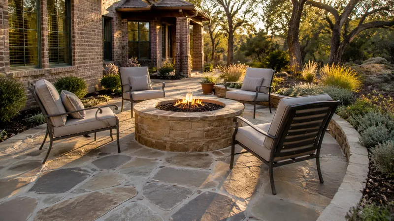 Custom stone fire pit in Spring Branch, TX by CJK Landscaping