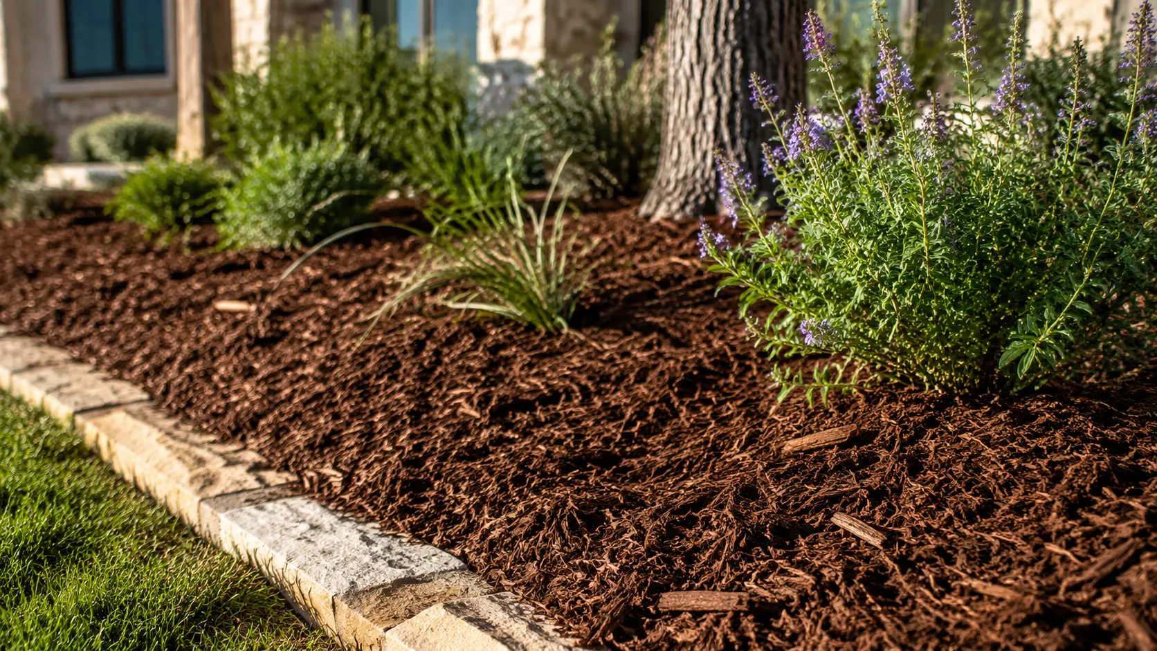 Professional mulch installers finishing a planting bed in Spring Branch, TX