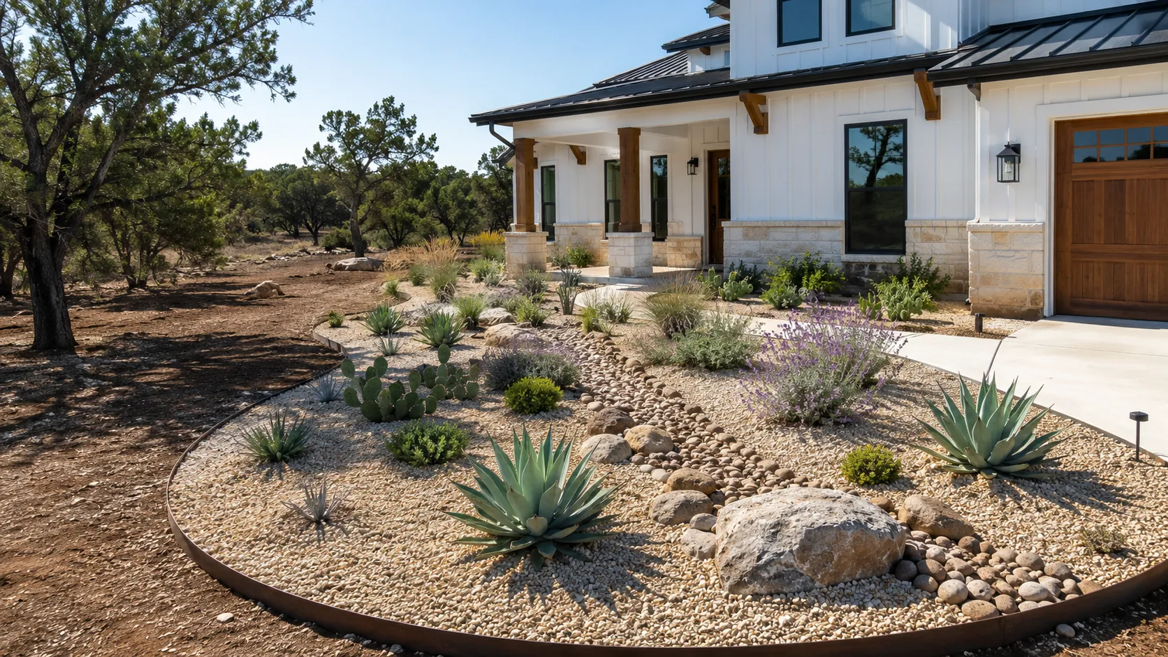 Water-wise landscaping ideas with gravel beds and drought-tolerant plants in Spring Branch, TX