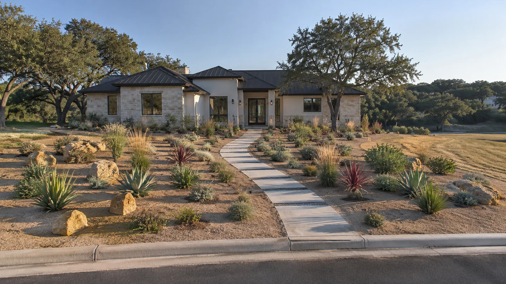 Xeriscaping with native plants and stone beds in Spring Branch, TX by CJK Landscaping