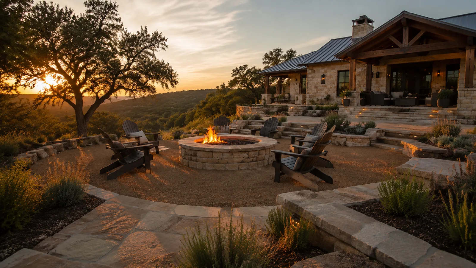 Custom stone fire pit constructed in Spring Branch, TX by CJK Landscaping