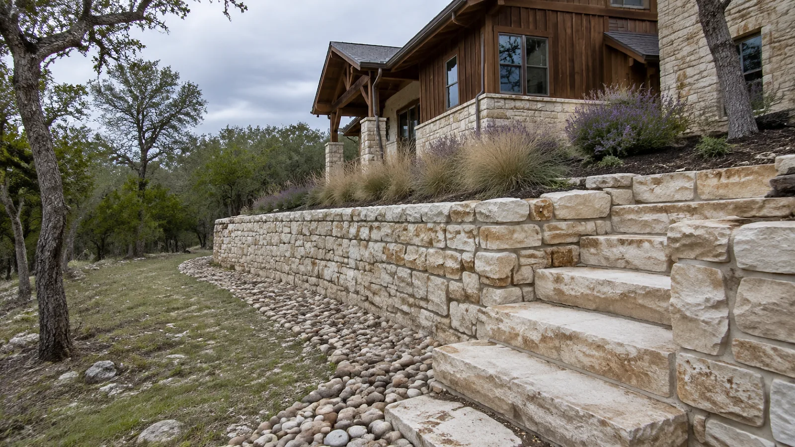 Limestone retaining wall with steps in Spring Branch TX