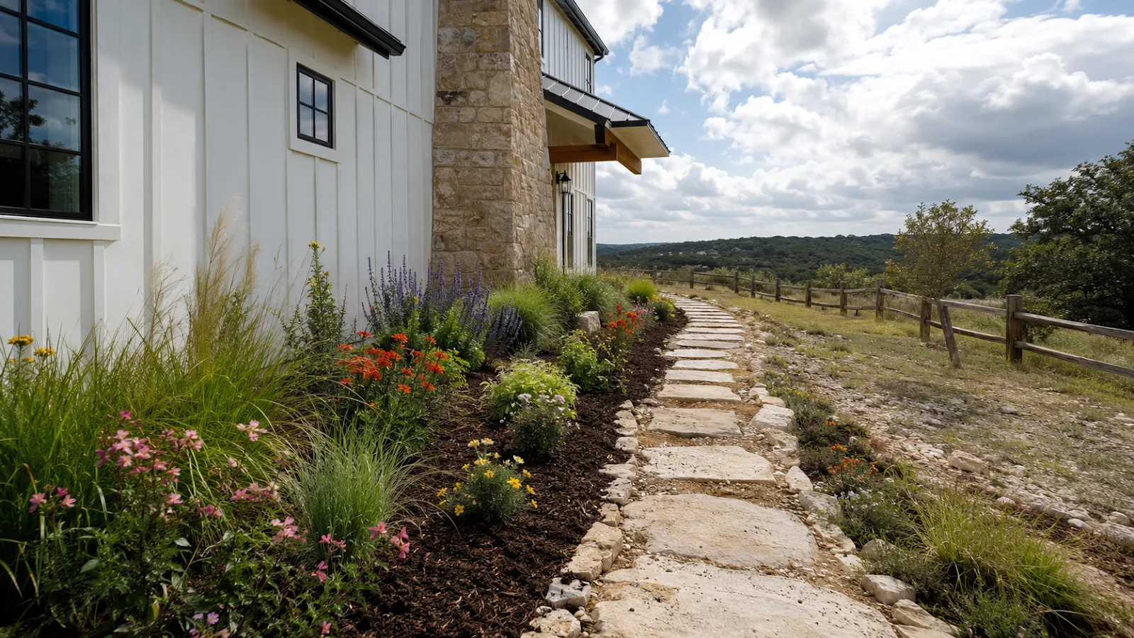 Stone pathway with perennial garden in Spring Branch TX by CJK Landscaping